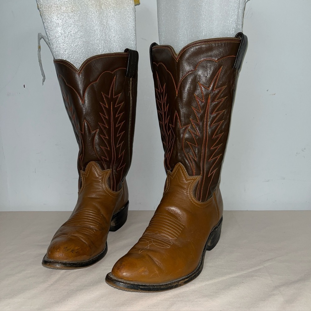 TONY LAMA vintage brown.western cowboy leather Double Stitch boots Two Tone 6.5